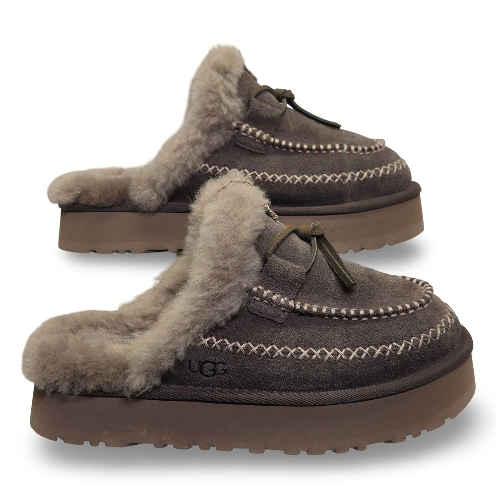 UGG Tazz Suede Platform Slippers Women 8 Caribou Excellent Tasman Braid 1158260 - Picture 2 of 8